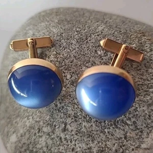 Swank Blue Moonglow Lucite Cabochon Cufflinks Gold Tone Angled Vintage Formal - Picture 1 of 24