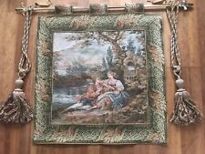 Vintage Wall Hanging Tapestry Victorian Scene With Gold Rail & Ties Large VGC