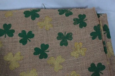 2 YDS OF 48" WIDE BURLAP FABRIC YARDAGE DECORATED WITH GREEN & GOLD SHAMROCKS - Image 1 of 2
