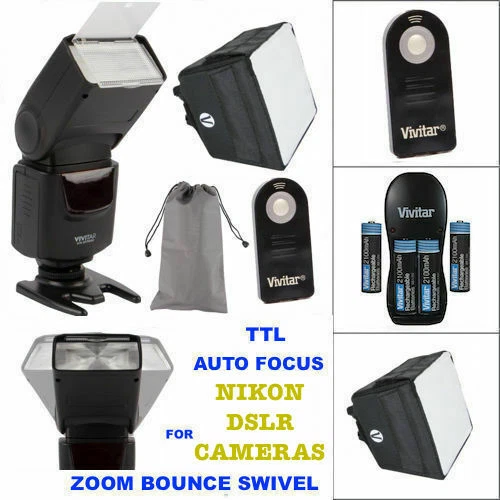 AF TTL HD FLASH + CHARGER + DIFFUSER + REMOTE FOR NIKON D3100 D3000 D3200 D3300 - Image 1 of 4