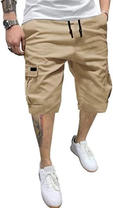 Mens Cargo Shorts w/ Flap Pockets, Drawstring,Multi-Pocket Cotton Workout Shorts - Picture 1 of 13