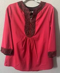 NEW Bob Mackie Tunic Wearable Art Popover Red Embroidered/Beaded Blouse SZ SM - Picture 1 of 14