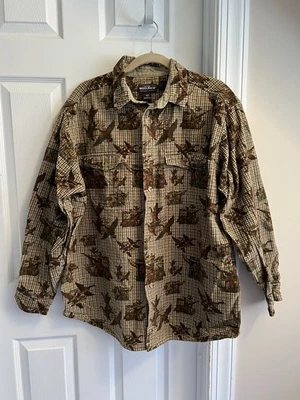 LS SHIRT - Woolrich- Mens - Button Up - Brown Houndstooth -Flannel - Ducks- XL - Image 1 of 4
