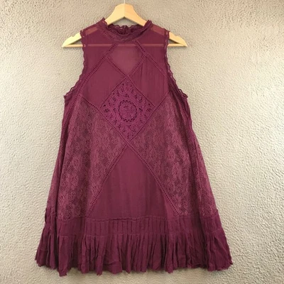 Vestido Free People Ciruela Encaje Superpuesto Volantes Dobladillo Sin Mangas Cuello Simulado S P Foto 1 de 4