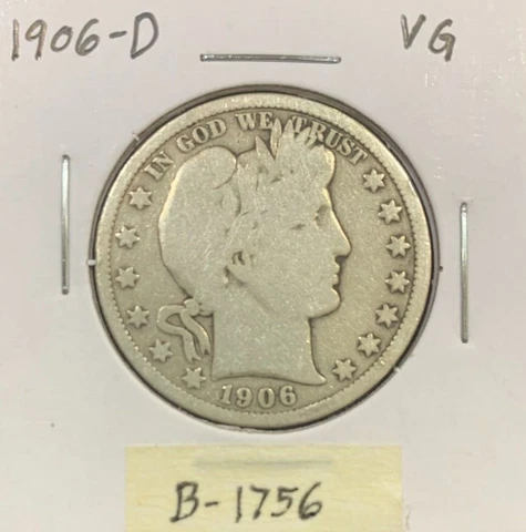 1906 D Barber Half Dollar (VG) ~ 90% Silver ~ Brilliant U.S. Coin ~ B1756 Cover