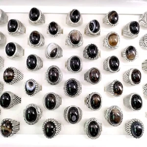 20pcs Retro Rings For Men Women Black/Brown Natural Stone Jewellery Wholesale - Picture 1 of 7