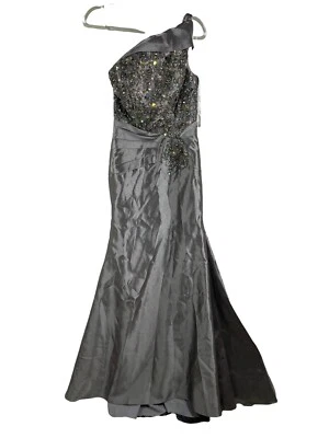 Tony Bowls Vestido de Noche Gris Plateado con Cuentas Vestido de Madre de Novia 6 Un Hombro Foto 1 de 4
