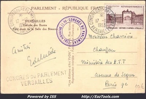 FRANCE N° 939 SUR CP AVEC CACHET CONGRES DU PARLEMENT VERSAILLES DU 17/12/1953 - Picture 1 of 2