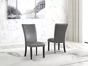 Transitional Chairs Upholstered PU Gray Tufted Nail head Trim 6pc Set Solid Wood - Picture 1 of 4
