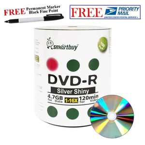 100 Smartbuy DVD-R 16X 4,7GB Shiny Silver Blank Disc + Schwarz Permanent Marker - Bild 1 von 3