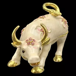 Enamel Jeweled Bull Hinged Trinket Box - Picture 1 of 14