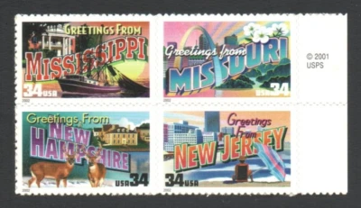 UnUsed Block 34 Cent US Postage Stamps GREETINGS FROM AMERICA Mississippi Missou - Image 1 of 2