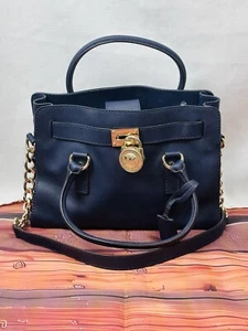Michael Kors Hamilton Logo Satchel Bag Navy Blue Gold Lock Nice - Picture 1 of 12