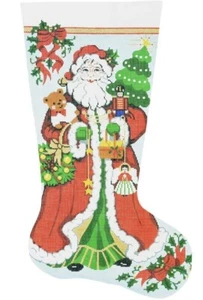 Needlepoint Handpainted Lee Christmas Stocking Happy Santa 23" - Picture 1 of 4