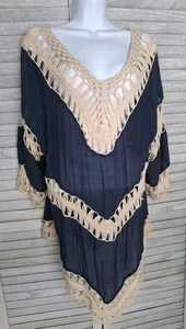 Womens Boho Tunic Top Size Large Blue with Crochet Bathing Suit Cover Up - Picture 1 of 7