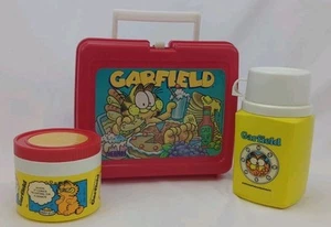 Vintage Garfield rote Kunststoff Thermoskanne Marke Brotdose mit gelber Thermoskanne Suppe - Bild 1 von 10