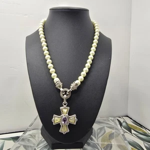 Judith Ripka Sterling Amethyst Enhancer Pendant Maltese Cross Necklace Pearl 925 - Picture 1 of 5