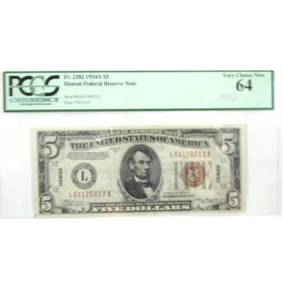 1934A $5 Federal Reserve Note Hawaii WWII Emergency FR2302 64 PCGS - Image 1 of 2
