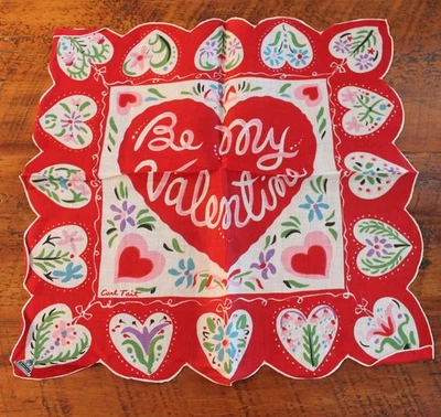 Lenço vintage Hankie Be My Valentine Carl Tait década de 1950 novo em folha - Imagem 1 de 4