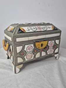 Large Vintage Bone and Brass Inlay Lined Trinket Jewellery Box Chest See Pics - Foto 1 di 9