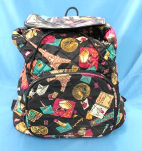 VTG 90'S EXPRESS Black QUILTED NYLON Printed PARIS FRANCE Travel/School BACKPACK - Picture 1 of 10