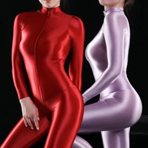 Women's Smooth Shiny Satin Catsuit Long Sleeve Jumpsuit Lingerie Zipper Bodysuit - Picture 1 of 19