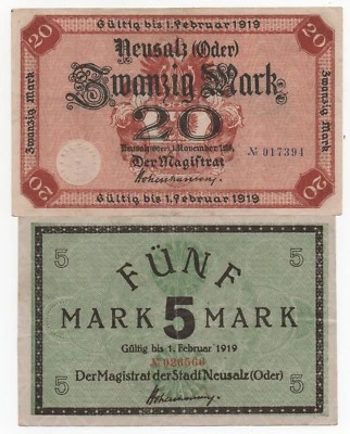 GERMANY NEUSALZ ODER 5 20 MARK 1919 EMERGENCY MONEY NOTGELD LOOK SCANS - Image 1 of 2