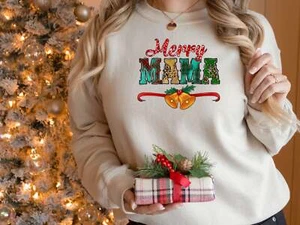 Merry Mama Sweatshirt, Christmas Mom Shirt, Cute Christmas Sweater, Leopard Prin - Picture 1 of 19
