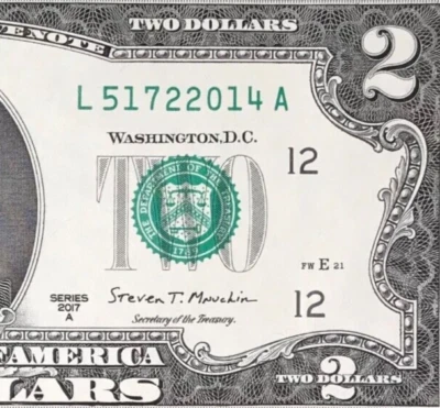 TRAILING YEAR 2014 : L 5172 2014 A $2 Two Dollar Bill (SF 2017A) *UNC*   - Image 1 of 3