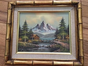 Vintage Estate Original Oil Painting Landscape Mountains Log Cabin Signed - Picture 1 of 10