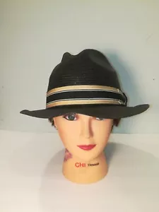 Stacy Adams Mens Large Feathered Fedora Black Hat Beige Band RN31905 - Picture 1 of 9