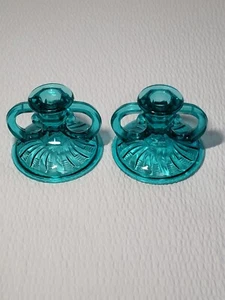 Vintage Paar grüne Wirbel Glas Kerzenständer Kerzenhalter 3,5" hoch - Bild 1 von 7
