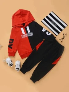 Chándal Niña Niño Unisex Completo Pantalones Sudadera Capucha Rojo Negro B161 - Imagen 1 de 2