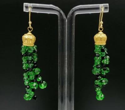 orecchini ciuffo da donna argento placcato oro agata verde agata nera cristalli - Immagine 1 di 4