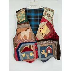 Chaleco hecho a mano vintage para mujer talla XL retazos cottagecore animales de granja caballos - Imagen 1 de 5