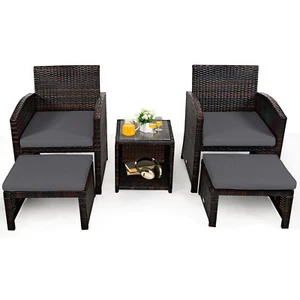 Costway 5PCS Patio Rattan Wicker Furniture Set Sofa Ottoman Cushion Gray - Picture 1 of 11