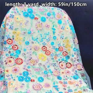 1 Yard Bead Sequin Embroidery Fabric Mesh Sheer Wedding Formal Dress Sewing - Picture 1 of 6