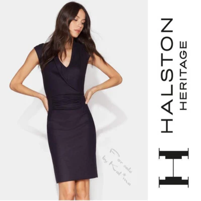 HALSTON HERITAGE V-neck Drape Front DRESS M Stretch Boiled WOOL Aubergine NEW - Image 1 of 4