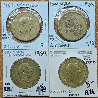 Lot of 4 Different Old Denmark 2 Kroner Coins 1952-1957 Vintage World Foreign !! - Image 1 of 2