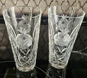 Rare Set Of 2 AMERICAN CUT VEGA 10oz Highball Drinking Glasses Etched Rose - Picture 1 of 7