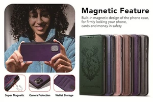 Flip Leather Phone Case for iPhone 16E 16 15 14 13 12 Deer Pattern Wallet Cover - Picture 1 of 18