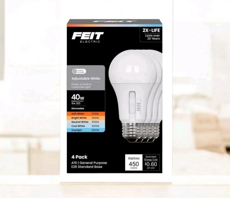 Feit A19 E26 (Medium) LED Bulb Adjustable White 40 Watt Equivalence 4 pk - Image 1 of 1