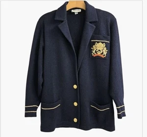 St. John Cardigan Lapel Blazer Women's Small Navy Blue Knit Crest Gold Button  - Picture 1 of 16
