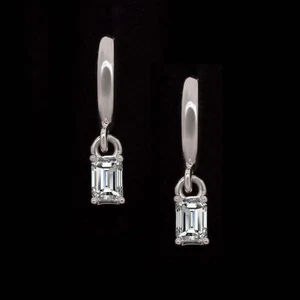 DIAMOND DROP EARRINGS HUGGIE HOOP CHARM EMERALD CUT MINIMALIST 14k WHITE GOLD - Picture 1 of 2