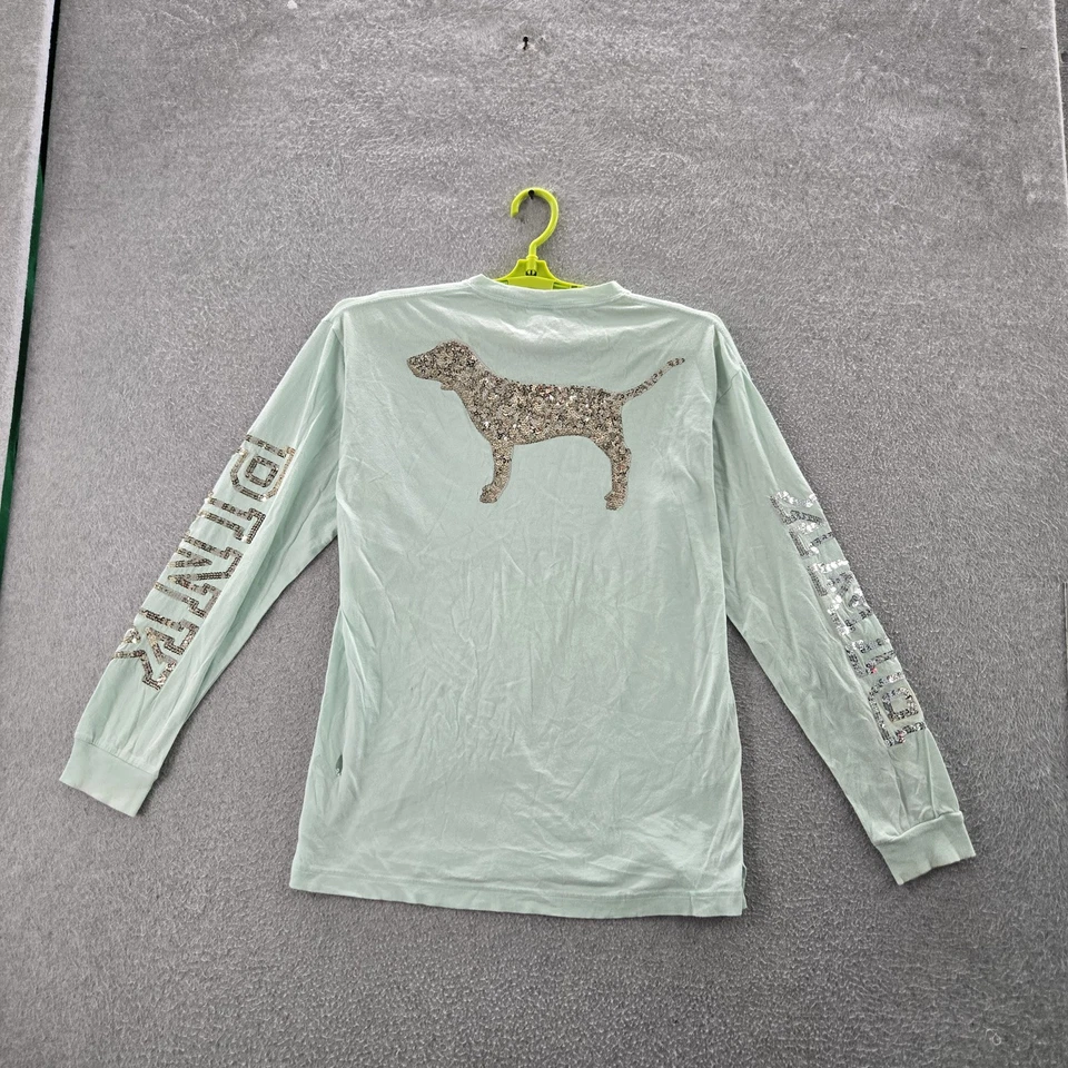 Camisa Victoria's Secret ROSA Mujer S Verde Lentejuelas Logo Parche Bolsillo Universitario LEER Foto 1 de 4