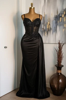 Nuevo con etiquetas Vestido de Noche Negro - Corsé de Lentejuelas Satén Abertura Baile de graduación, Gala, Vestido de Boda. Talla 8 Foto 1 de 4