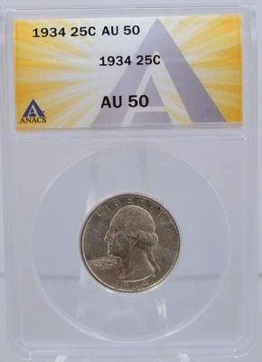 1934 25c Washington Quarter ANACS AU50 .900 Silver Coin Standard Label - Image 1 of 3