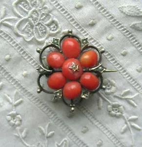 ALTE BROSCHE - BLÜTE - KORALLE - SAATPERLEN - DOUBLE - ANTIK - Bild 1 von 2