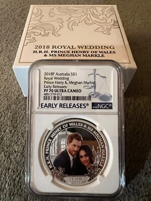 Moeda de prata 1 oz casamento real 2018 US$ 1 príncipe Harry e Meghan Markle PF70 ER RARA! - Imagem 1 de 4