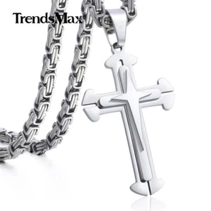 "Collar colgante cruzado de acero inoxidable de cadena bizantina unisex para hombre 18-30" - Imagen 1 de 20